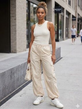 Rewash Cream Cargo parachute Pants Oversized Wide Leg Gorpcore Utility Size M